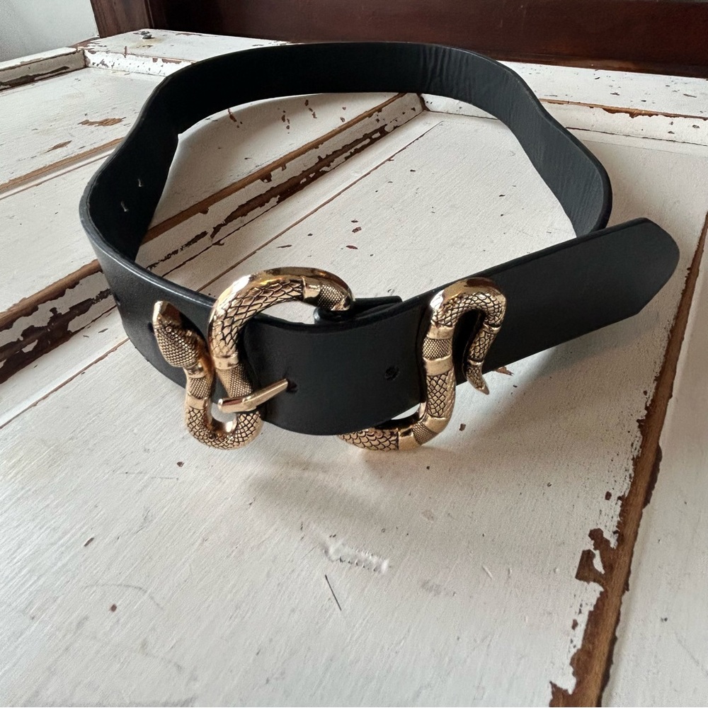 Black Leather Belt with Gold Snake Buckle